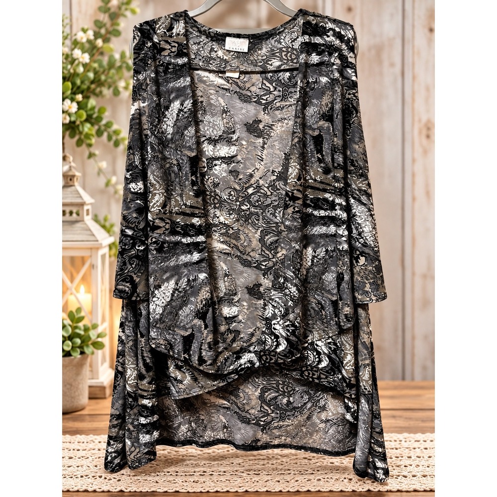 Caribe Sleeveless Open Front Cardigan Vest Paisley Draped Asymmetrical Grey